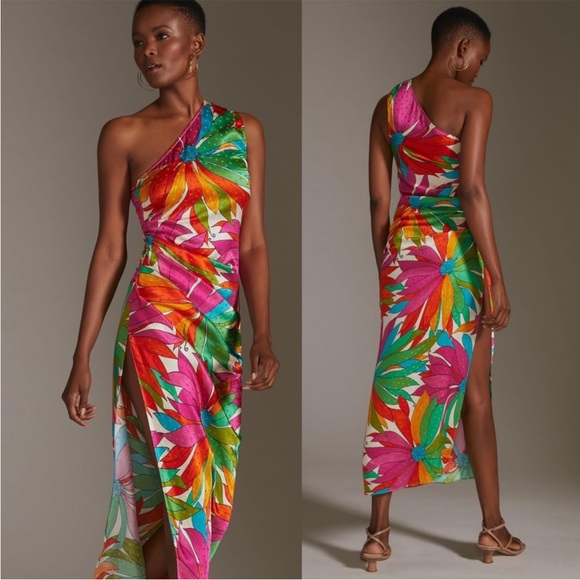 NEW NWT Ronny Kobo Gildo One Shoulder Silk Midi Dress In Jungle Floral - Picture 3 of 15